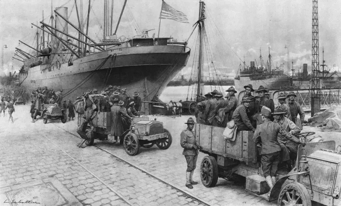 Framed Print : Americans unloading at a port in France, 1918 Framed Print : Americans unloading at a port in France, 1918