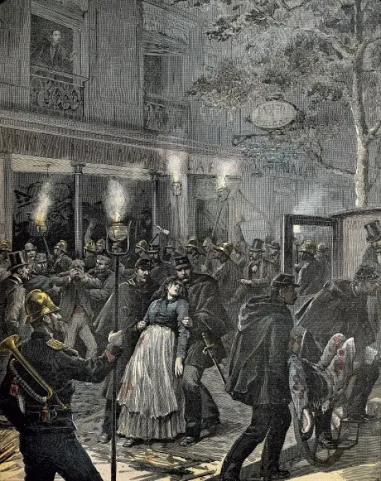 Framed Print : Anarchist attack in Paris (1892). Etching Framed Print : Anarchist attack in Paris (1892). Etching