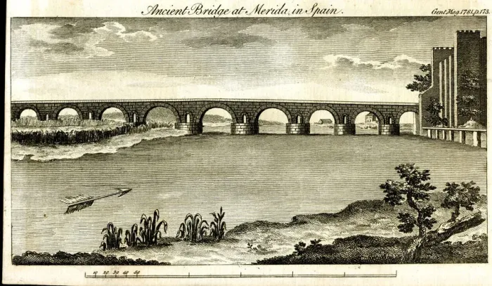 Framed Print : Ancient Bridge, Merida, Spain - The Gentlemans Magazine 1781 Framed Print : Ancient Bridge, Merida, Spain - The Gentlemans Magazine 1781