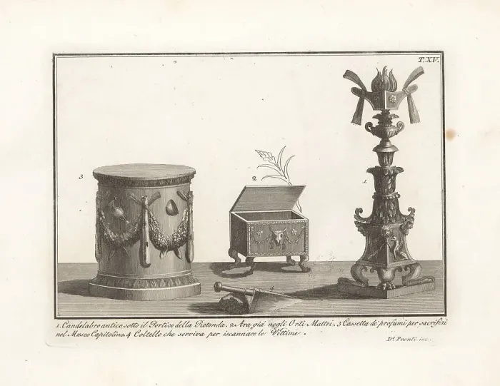 Framed Print : Ancient candelabra, perfume box, altar and knife Framed Print : Ancient candelabra, perfume box, altar and knife