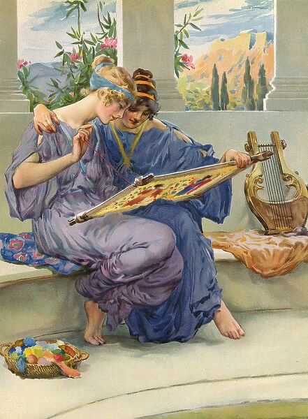 Two ancient Greek women embroidering