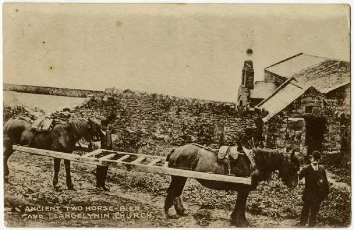 Framed Print : Ancient two horse-bier and Llangelynnin Church, Wales Framed Print : Ancient two horse-bier and Llangelynnin Church, Wales
