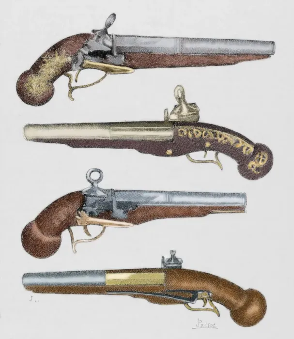 Framed Print : Ancient pistols. 18th century. Colored engraving Framed Print : Ancient pistols. 18th century. Colored engraving