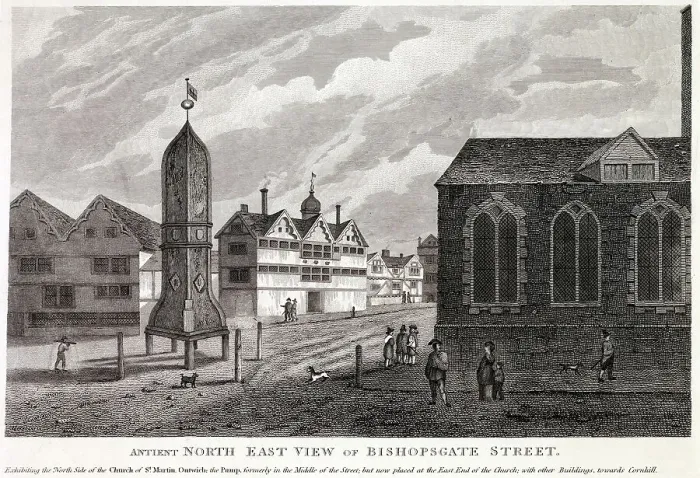 Framed Print : An ancient view of Bishopsgate, showing the pump in the middle of the road. Date: Circa 1700 Framed Print : An ancient view of Bishopsgate, showing the pump in the middle of the road. Date: Circa 1700