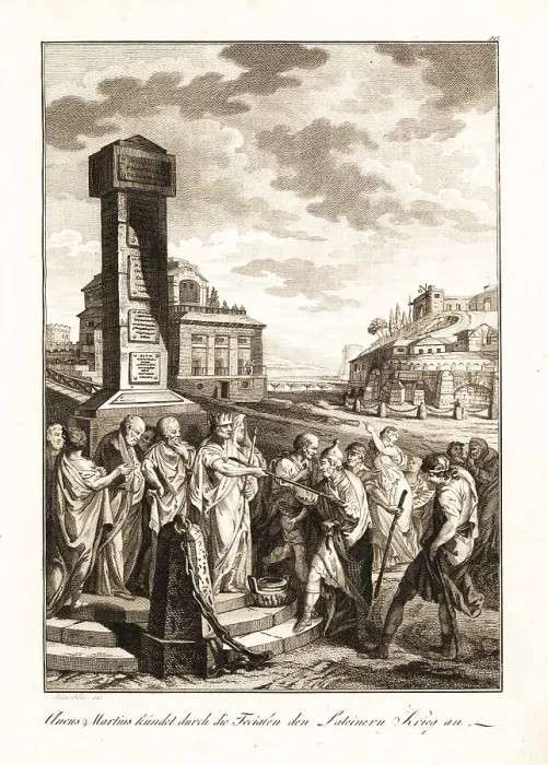 Framed Print : Ancus Marcius sending priests to declare war against the Latins
