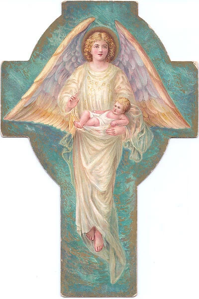 Angel and Baby Jesus on a cross-shaped Christmas card