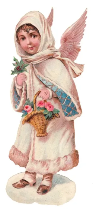 Framed Print : Angel with basket of flowers on a Victorian Christmas scrap Framed Print : Angel with basket of flowers on a Victorian Christmas scrap
