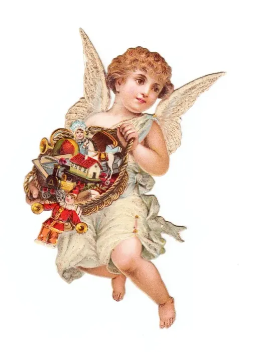 Framed Print : Angel with basket of toys on a Victorian Christmas scrap Framed Print : Angel with basket of toys on a Victorian Christmas scrap