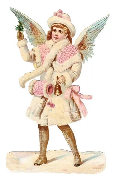 Angel with bell and holly on a Victorian Christmas scrap