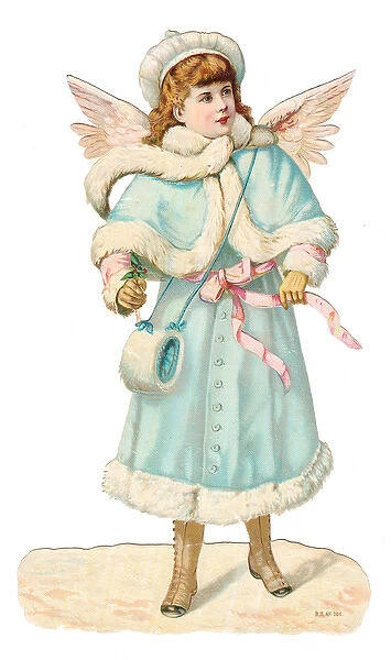 Angel in a blue coat on a Victorian Christmas scrap
