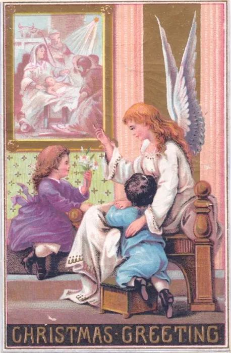 Framed Print : Angel with two children on a Christmas card Framed Print : Angel with two children on a Christmas card