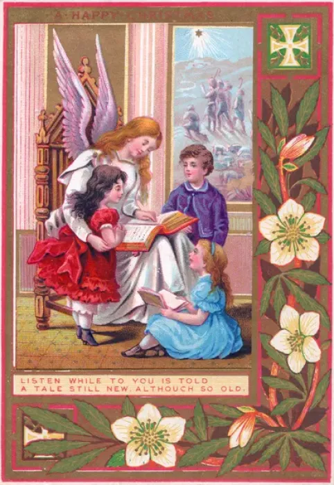Framed Print : Angel and children on a Christmas card Framed Print : Angel and children on a Christmas card