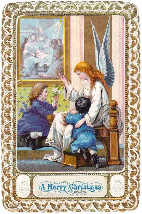 Framed Print : Angel with two children on a Christmas card Framed Print : Angel with two children on a Christmas card