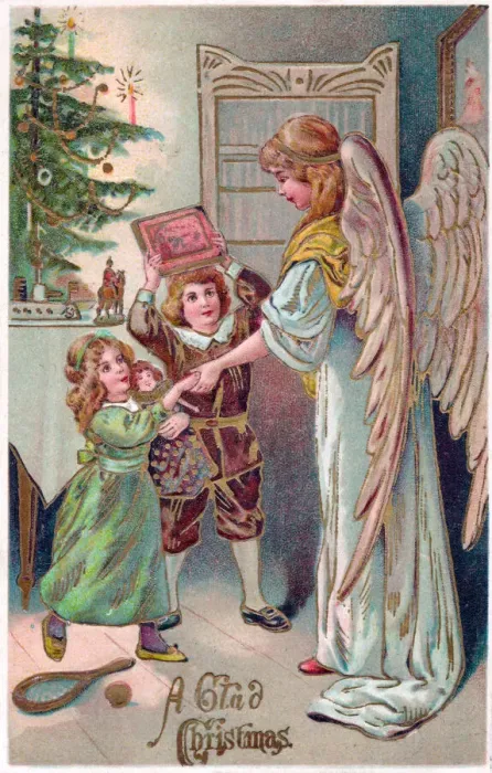 Framed Print : Angel with children and gifts on a Christmas postcard Framed Print : Angel with children and gifts on a Christmas postcard