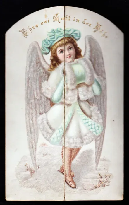 Framed Print : Angel with coat and hand muff on a German Christmas card Framed Print : Angel with coat and hand muff on a German Christmas card