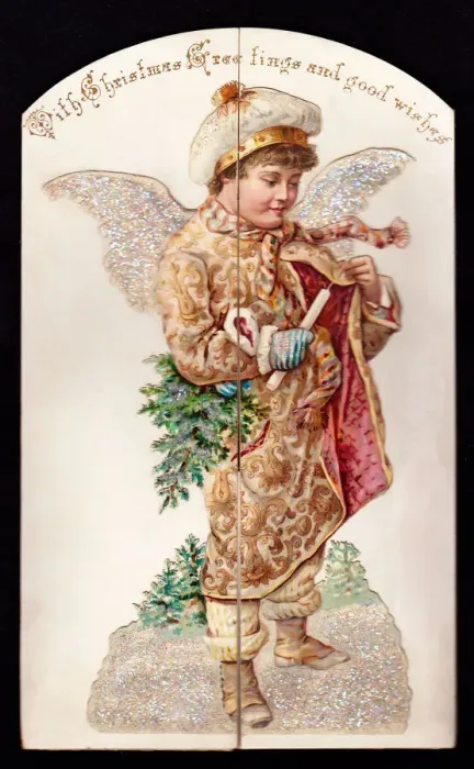 Framed Print : Angel in coat and scarf on a Christmas card Framed Print : Angel in coat and scarf on a Christmas card