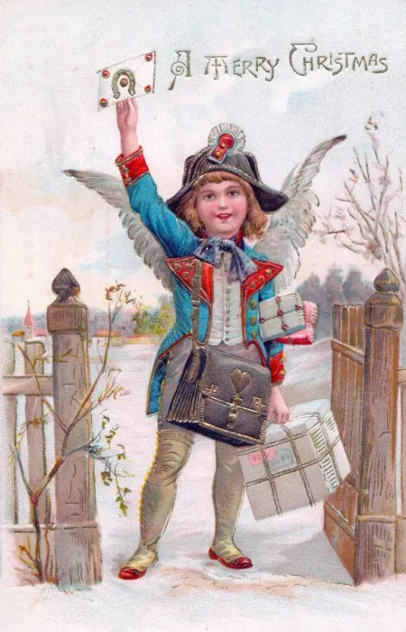 Framed Print : Angel delivering presents on a Christmas postcard Framed Print : Angel delivering presents on a Christmas postcard