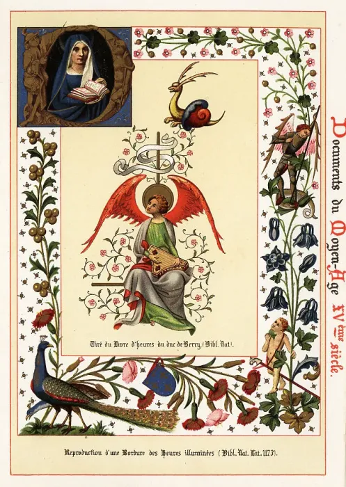 Framed Print : Angel with dulcimer and border from Books of Hours, 15th century Framed Print : Angel with dulcimer and border from Books of Hours, 15th century
