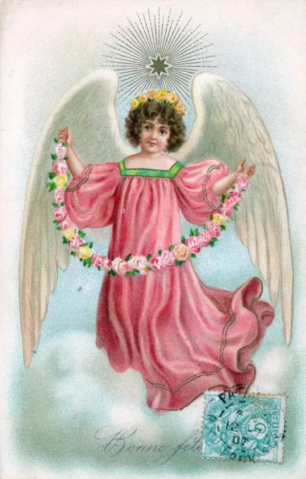 Framed Print : Angel with flowers on a French Christmas postcard Framed Print : Angel with flowers on a French Christmas postcard