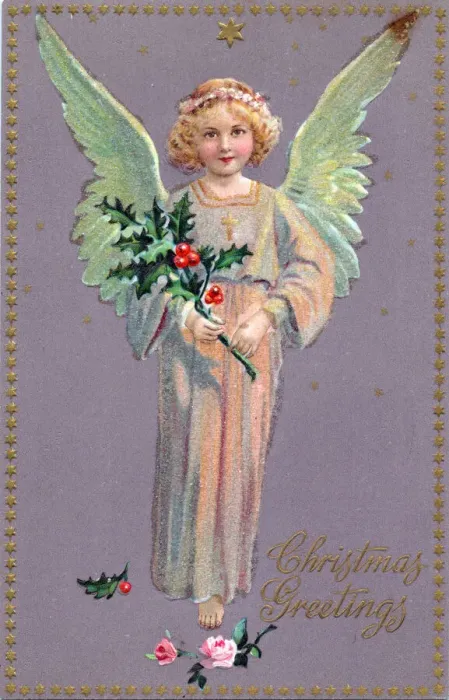 Framed Print : Angel with holly on a Christmas postcard Framed Print : Angel with holly on a Christmas postcard