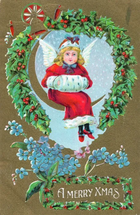 Framed Print : Angel with holly on a Christmas postcard Framed Print : Angel with holly on a Christmas postcard