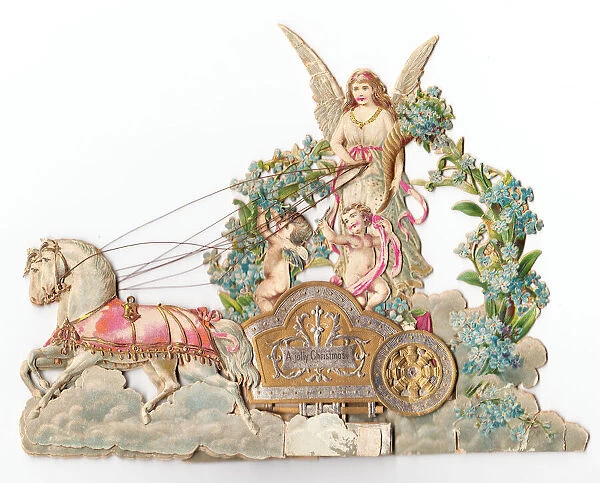 Angel with horse-drawn chariot on a Christmas card