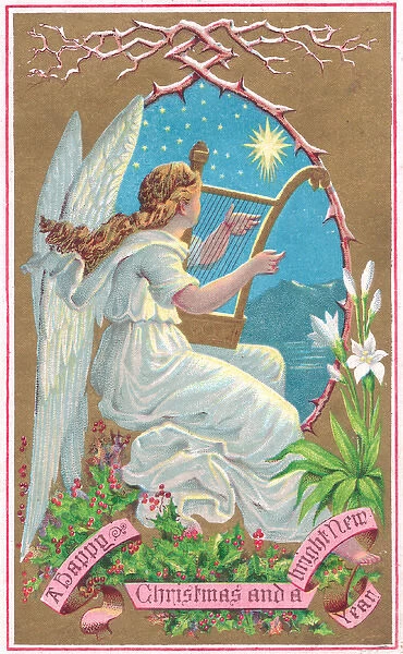 Angel with lute on a Christmas card