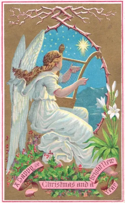 Framed Print : Angel with lute on a Christmas card Framed Print : Angel with lute on a Christmas card
