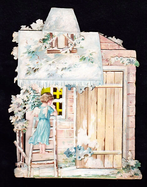 Angel outside a house on a cutout Christmas card