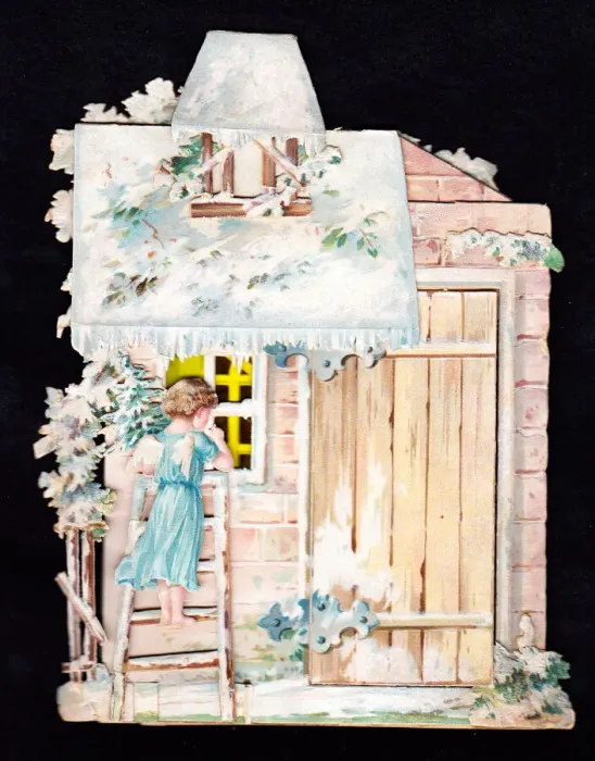 Framed Print : Angel outside a house on a cutout Christmas card Framed Print : Angel outside a house on a cutout Christmas card