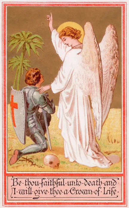 Framed Print : Angel with Red Cross knight on a greetings card Framed Print : Angel with Red Cross knight on a greetings card