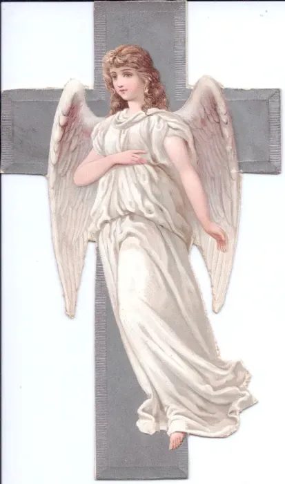 Framed Print : Angel with silver cross on a Victorian scrap Framed Print : Angel with silver cross on a Victorian scrap