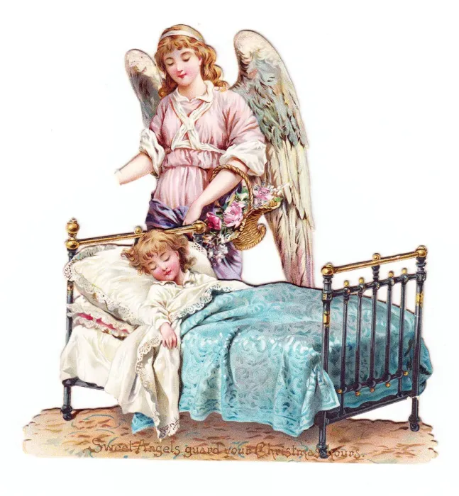 Framed Print : Angel and sleeping child on a cutout Christmas card Framed Print : Angel and sleeping child on a cutout Christmas card