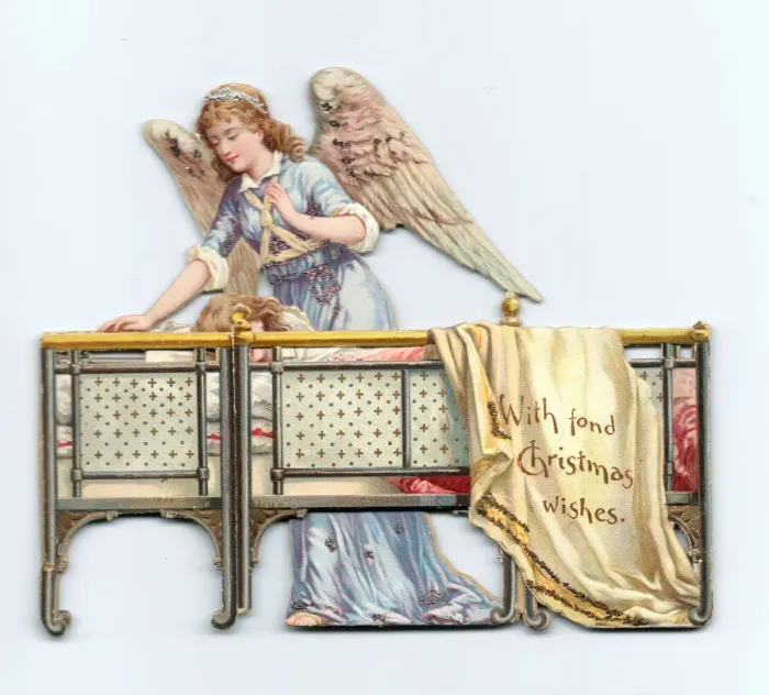 Framed Print : Angel and sleeping girl on a cutout Christmas card Framed Print : Angel and sleeping girl on a cutout Christmas card