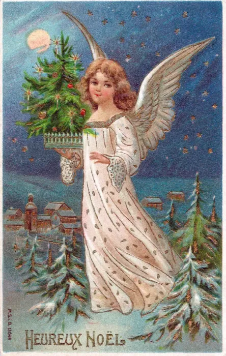Framed Print : Angel with tree on a French Christmas postcard Framed Print : Angel with tree on a French Christmas postcard