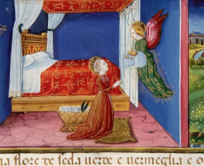 Framed Print : An Angel visits Mary. Codex of Predis (1476). Italy Framed Print : An Angel visits Mary. Codex of Predis (1476). Italy