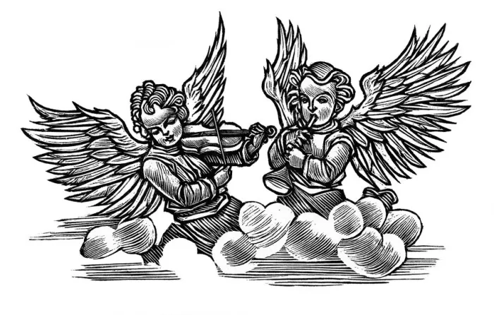Framed Print : Angels. Woodcut of two angels playing musical instruments Framed Print : Angels. Woodcut of two angels playing musical instruments