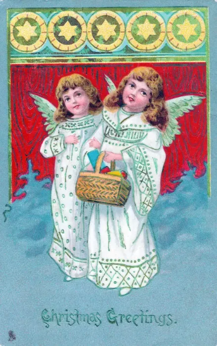 Framed Print : Angels with basket of gifts on a Christmas postcard Framed Print : Angels with basket of gifts on a Christmas postcard