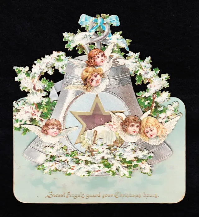 Framed Print : Angels and bell on a cutout Christmas card Framed Print : Angels and bell on a cutout Christmas card