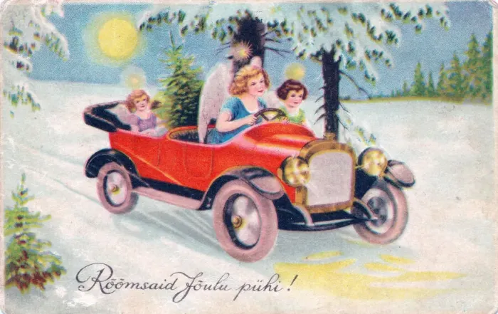 Framed Print : Angels in a car on an Estonian Christmas postcard Framed Print : Angels in a car on an Estonian Christmas postcard