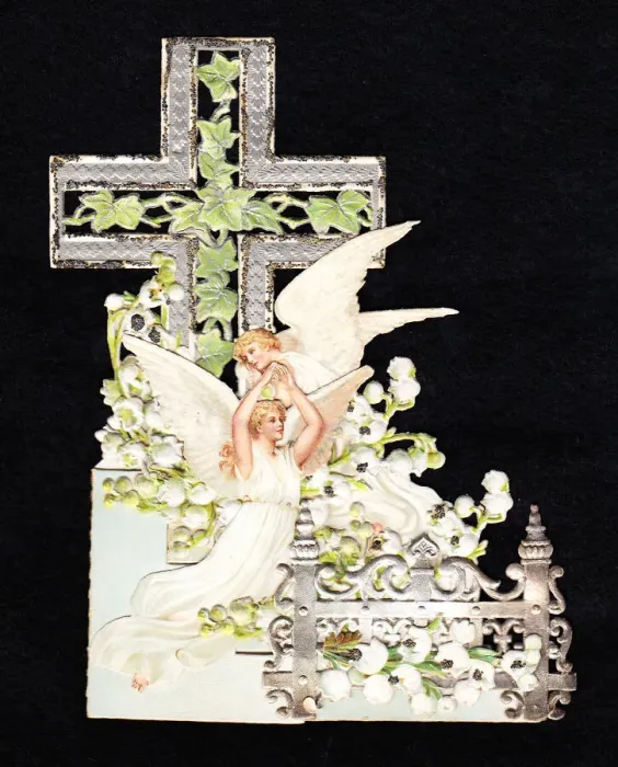 Framed Print : Angels and cross on a cutout devotional card Framed Print : Angels and cross on a cutout devotional card