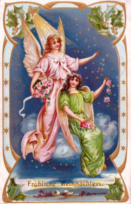 Framed Print : Angels with flowers on a German Christmas postcard Framed Print : Angels with flowers on a German Christmas postcard