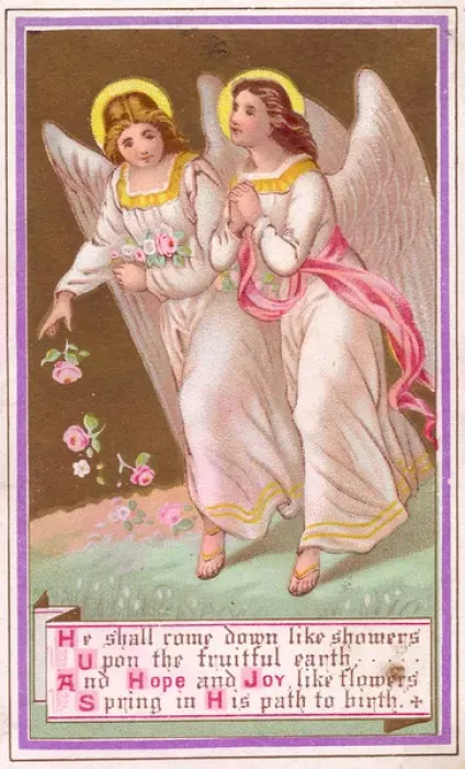 Framed Print : Two angels with flowers on a greetings card Framed Print : Two angels with flowers on a greetings card