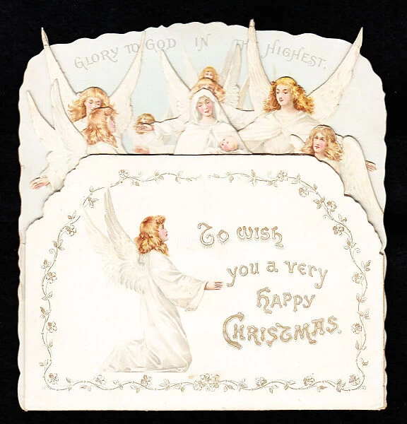 Angels, Mary and Baby Jesus on a cutout Christmas card