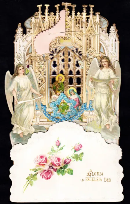 Framed Print : Two angels with nativity scene on a Christmas card Framed Print : Two angels with nativity scene on a Christmas card
