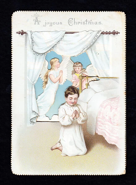Angels and praying boy on a Christmas card