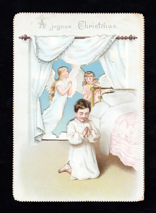 Framed Print : Angels and praying boy on a Christmas card Framed Print : Angels and praying boy on a Christmas card