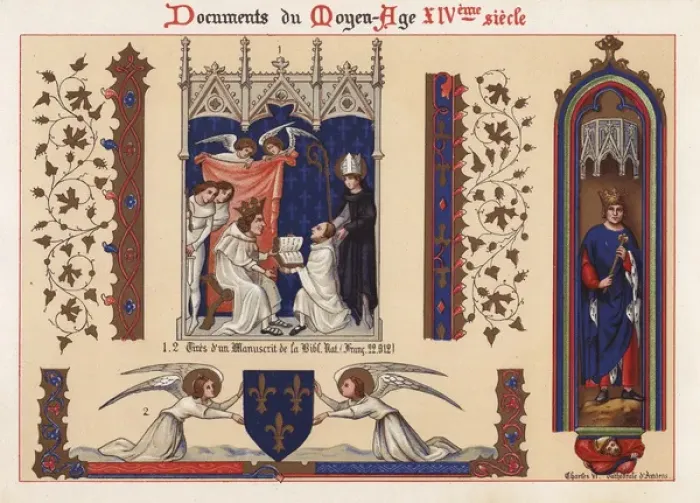 Framed Print : Angels with shield, priest presenting an illuminated Framed Print : Angels with shield, priest presenting an illuminated