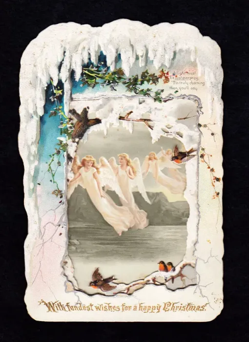 Framed Print : Angels, snow and robins on a Christmas card Framed Print : Angels, snow and robins on a Christmas card