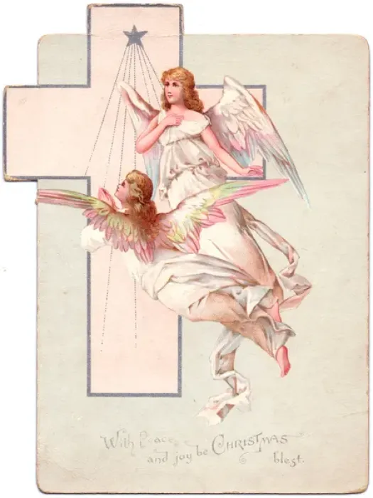 Framed Print : Two angels with star and cross on a Christmas card Framed Print : Two angels with star and cross on a Christmas card